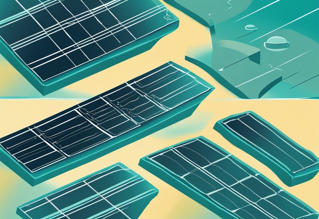 Diagramm einer Photovoltaikzelle mit Pfeilen für Sonnenlicht und Stromerzeugung, Hauptfarbe Teal – wie funktioniert Photovoltaik