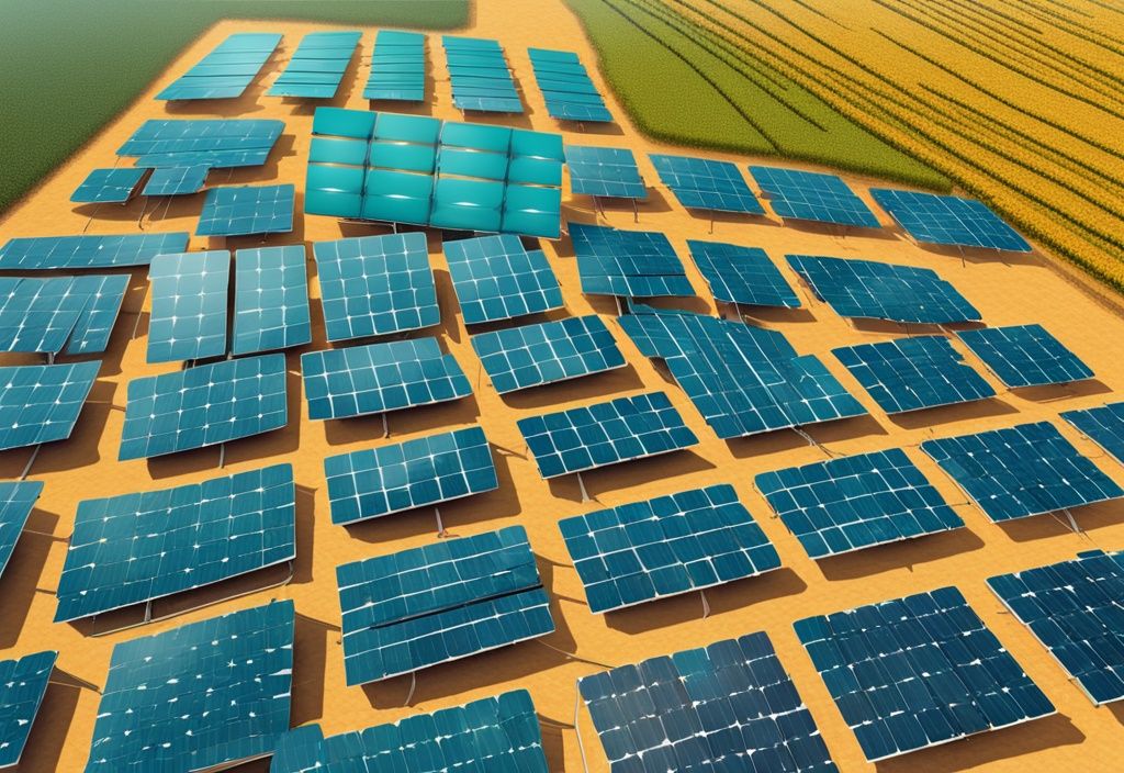 Moderne digitale Malerei mit Teal-Farbschema, Luftaufnahme von verschiedenen Größen von Solar-PV-Modulen auf einem sonnigen Feld.