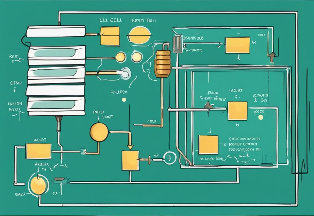 Moderne digitale Illustration eines Photovoltaikzellen-Schemas in Türkis, das die Umwandlung von Sonnenlicht in Elektrizität zeigt.