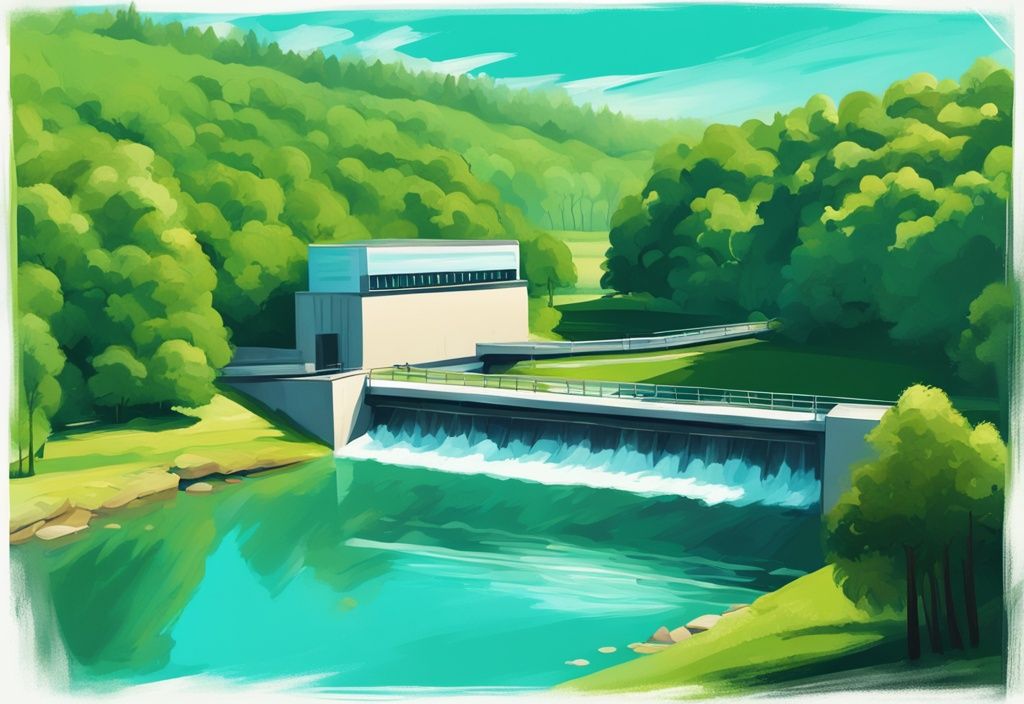 Moderne digitale Illustration eines Wasserkraftwerks in Deutschland an einem ruhigen Flussufer, umgeben von grünen Bäumen und klarem blauen Himmel, Hauptfarbton ist Türkis.