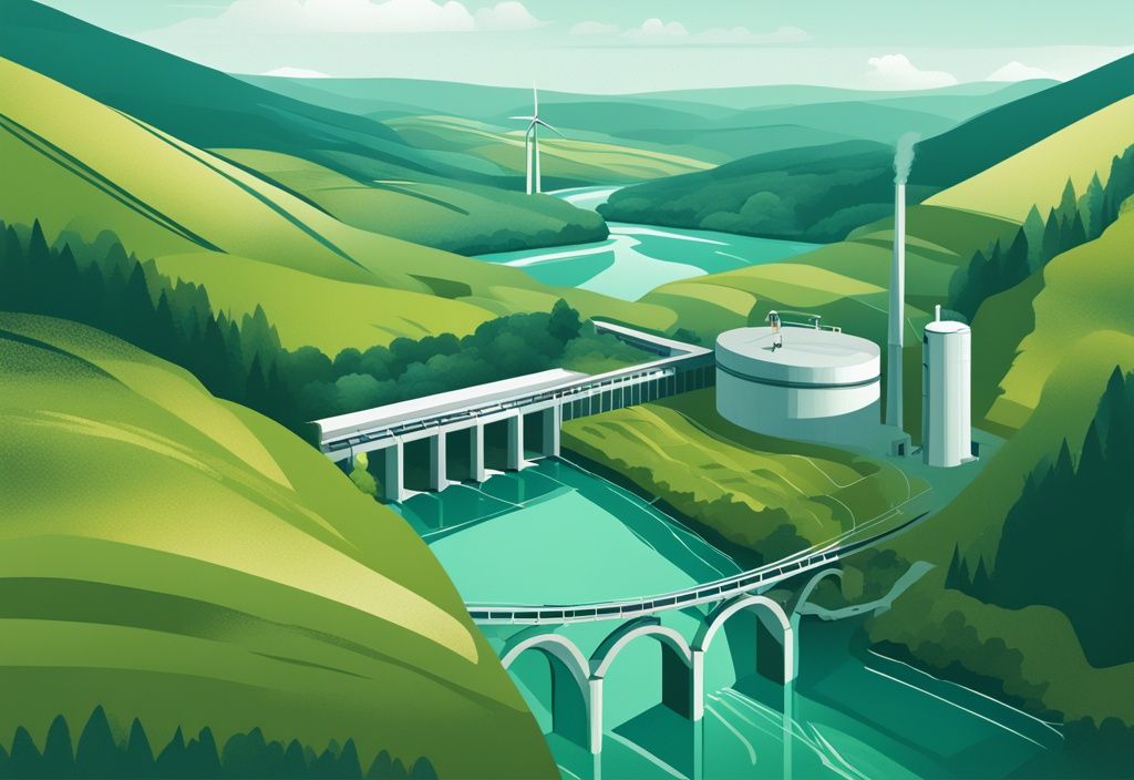 Moderne digitale Illustration eines Wasserkraftwerks inmitten der deutschen Landschaft mit Fluss und Hügeln, Hauptfarbe Teal, grüne Energie.