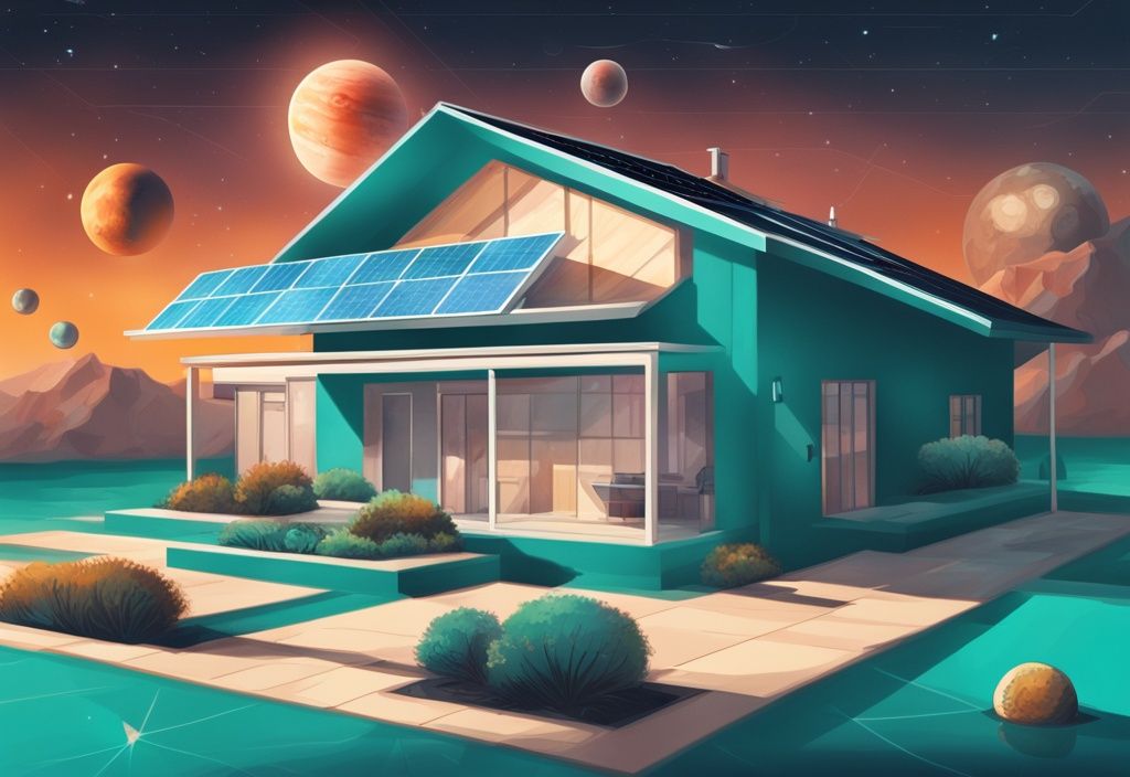 Moderne digitale Illustration eines gut beleuchteten Wohnhauses mit Solaranlagen auf dem Dach, einem kleinen Taschenrechner mit den Gesamtkosten und einigen Planeten des Sonnensystems im Hintergrund unter der Sonne, solaranlage kosten.