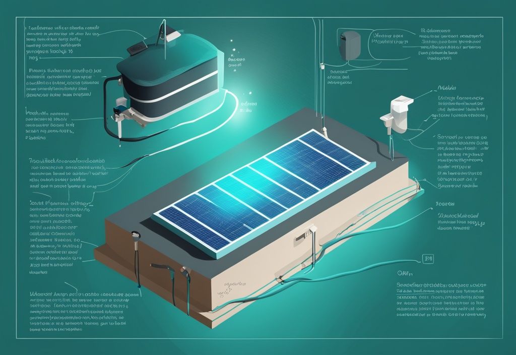 Modernes digitales Gemälde einer schematischen Darstellung einer Photovoltaikzelle, die den Umwandlungsprozess von Sonnenlicht in Elektrizität mit beschrifteten Flussdiagrammen zeigt, Hauptfarbthema: Türkis.