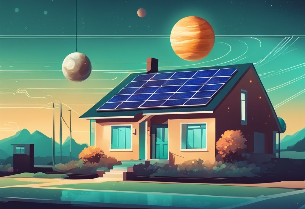 Moderne digitale Illustration eines gut beleuchteten Wohnhauses mit Solaranlagen auf dem Dach, einem kleinen Taschenrechner, der die solaranlage kosten anzeigt, und einigen Planeten des Sonnensystems im Hintergrund unter der Sonne.