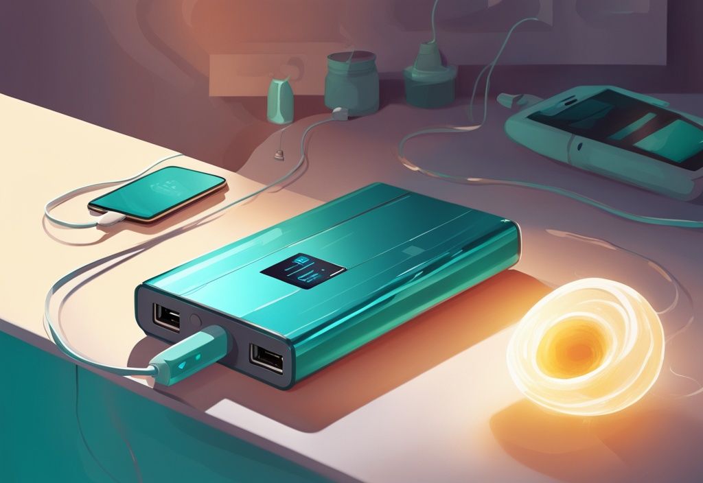 Moderne digitale Illustration in Teal zeigt eine Solar Powerbank beim Aufladen durch Sonnenlicht mit sichtbarem Energiefluss und separaten illustrierten Teilen, die erklären, wie funktioniert eine Solar Powerbank.