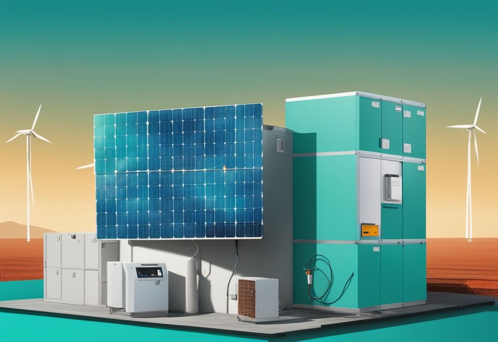 Moderne digitale Illustration von Photovoltaik-Solaranlage und Energiespeichereinheit vor einer Trennwand, die die langfristige Kosteneffizienz darstellt, in Teal-Farbschema.