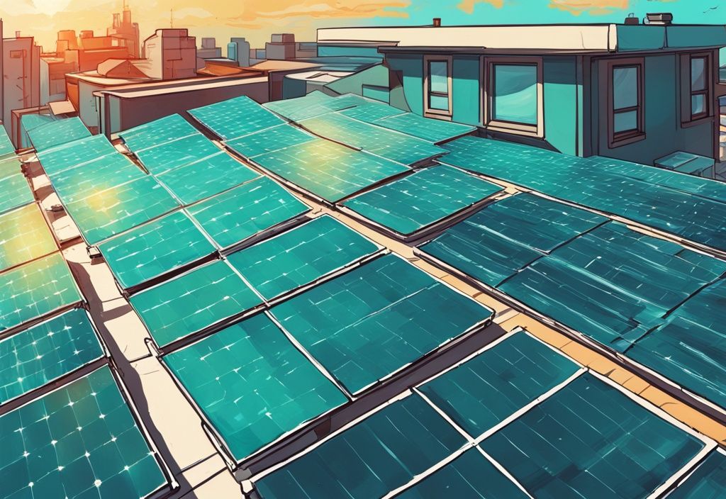 Moderne digitale Illustration mit Teal-Farbthema, zeigt ein lebendiges Dach mit Solarpaneelen, eines davon angehoben, um Photovoltaikzellen zu enthüllen.