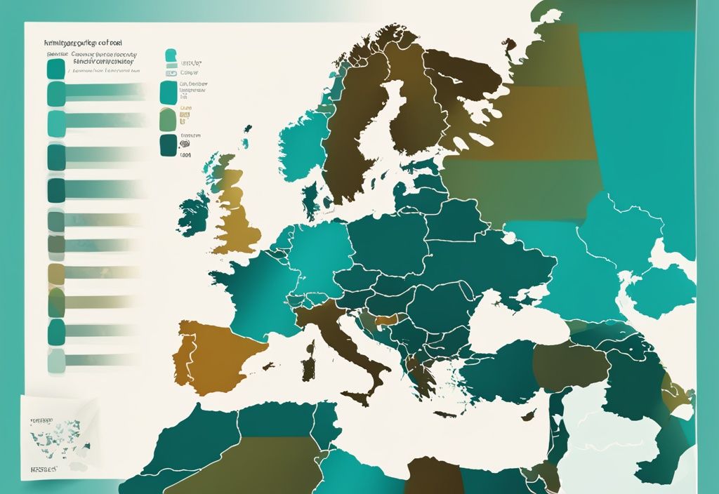 Digitale Illustration einer Europakarte in Teal, die den prozentualen Anteil erneuerbarer Energien in verschiedenen Ländern zeigt.