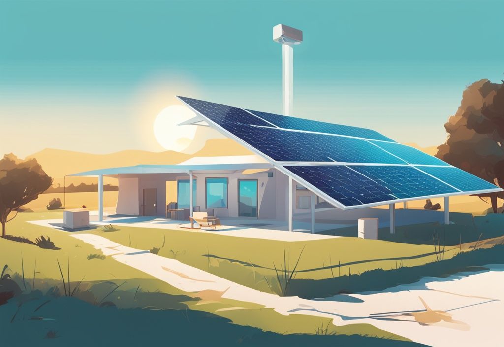 Moderne digitale Malerei mit Solarpanel-Array in sonniger Landschaft, klarer blauer Himmel, Infografik zur Umwandlung von Sonnenlicht in Strom, Hauptfarbe Türkis