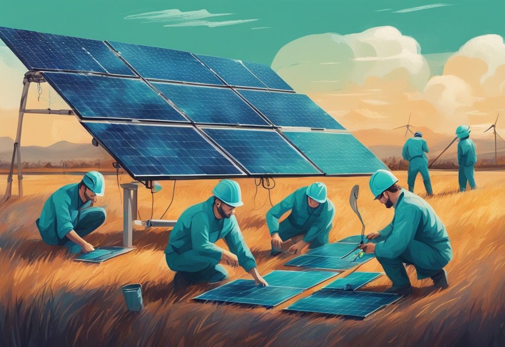 Professionelle bei der Ausrichtung Solaranlage auf einem großen offenen Feld mit Werkzeugen und Diagrammen, moderne digitale Malerei in Teal.