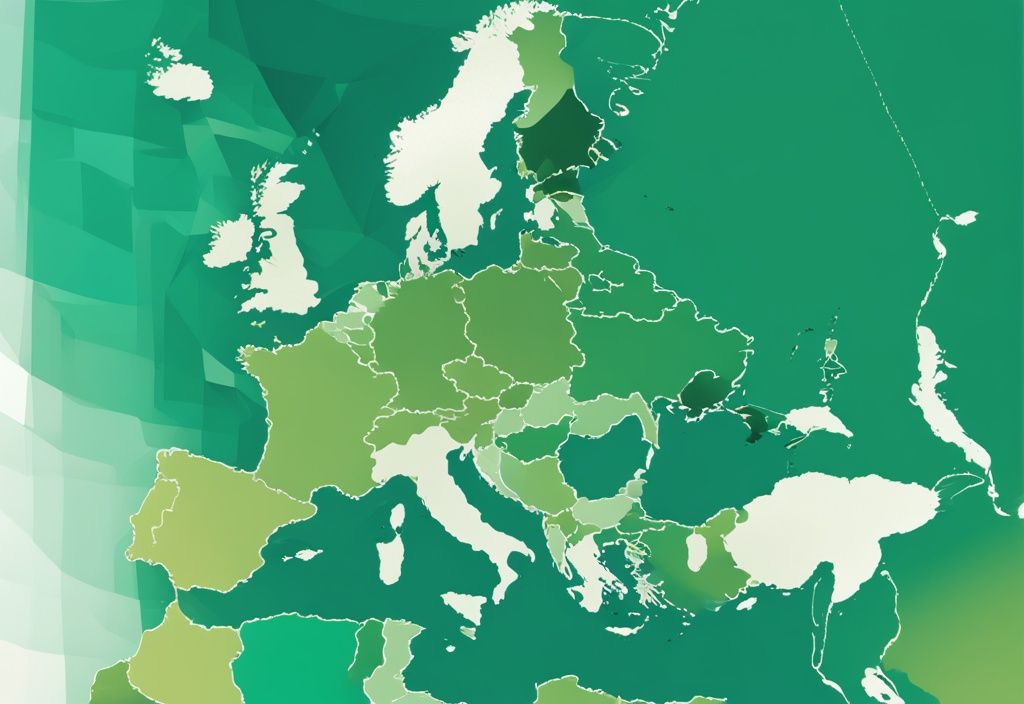 Moderne digitale Illustration mit einer Karte von Europa, die den Anteil erneuerbare Energien Europa in verschiedenen Grüntönen darstellt.