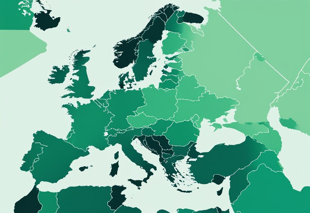 Moderne digitale Illustration einer Europakarte mit grünen Farbtönen, die den Anteil erneuerbarer Energien in Europa zeigen.