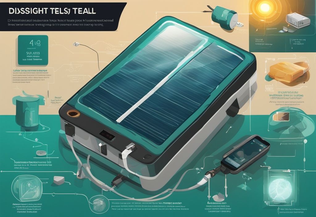 Moderne digitale Malerei-Illustration eines Solarladegeräts in Teal-Farbtönen, zeigt eine Infografik mit der Darstellung der internen Komponenten und der Umwandlung von Sonnenlicht in gespeicherte elektrische Energie.