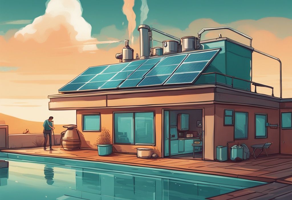 Moderne digitale Illustration eines Hausdachs mit Solarpanelen und Tank in Teal, die Umwandlung von Solarenergie in Warmwasser darstellend.