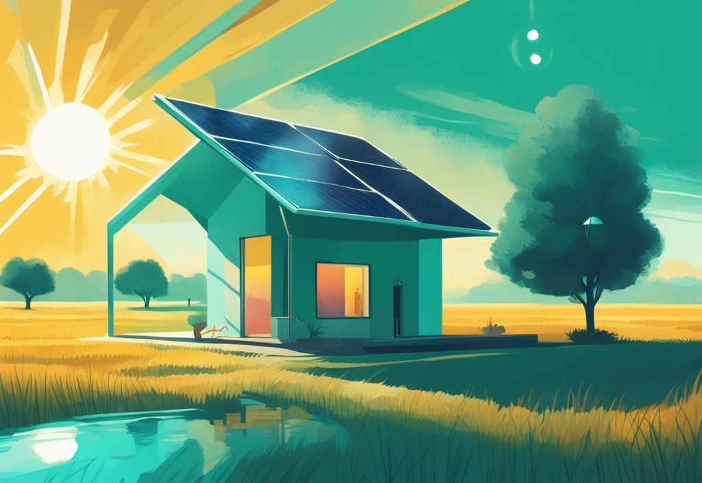 Moderne digitale Illustration in Teal-Tönen: Solarpanel auf einem Feld, Sonnenstrahlen reflektieren, führen zu einem Haus, wo eine Person eine heiße Dusche genießt, was die Nutzung von Solarenergie Warmwasser zeigt.