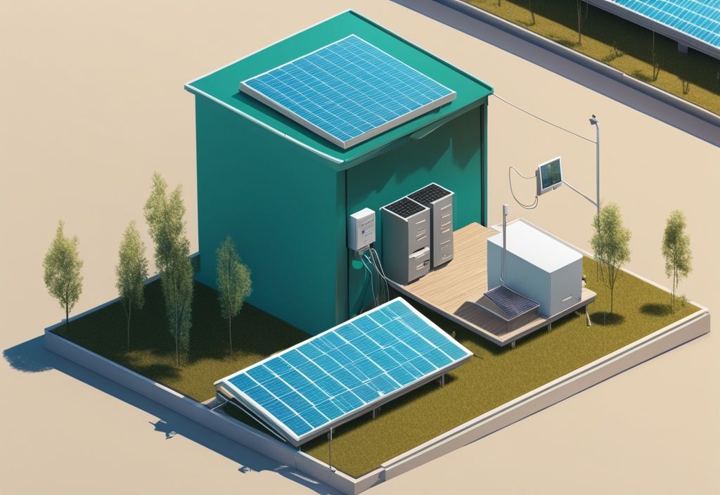 Moderne digitale Illustration einer Photovoltaikanlage mit Energiespeichereinheit vor einer Barriere, die die langfristige Kosteneffizienz darstellt, in Teal-Farbtönen.