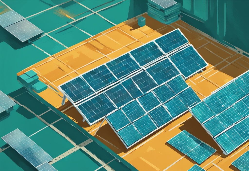 Moderne digitale Illustration mit verschiedenen Solarzellen und einem Maßband zur Anzeige der pv module größe in Teal-Farben.