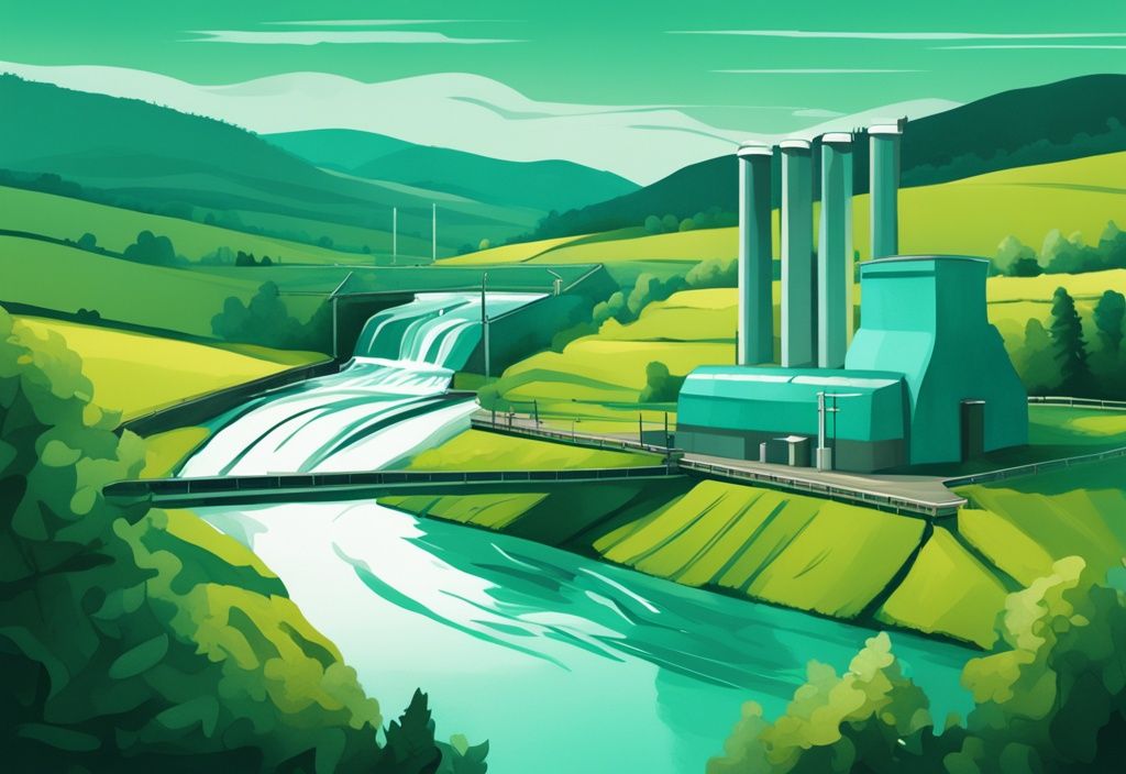 Moderne digitale Malerei einer Wasserkraftanlage in der deutschen Landschaft mit Fluss und Hügeln, grüne Energie, Teal-Farbschema.