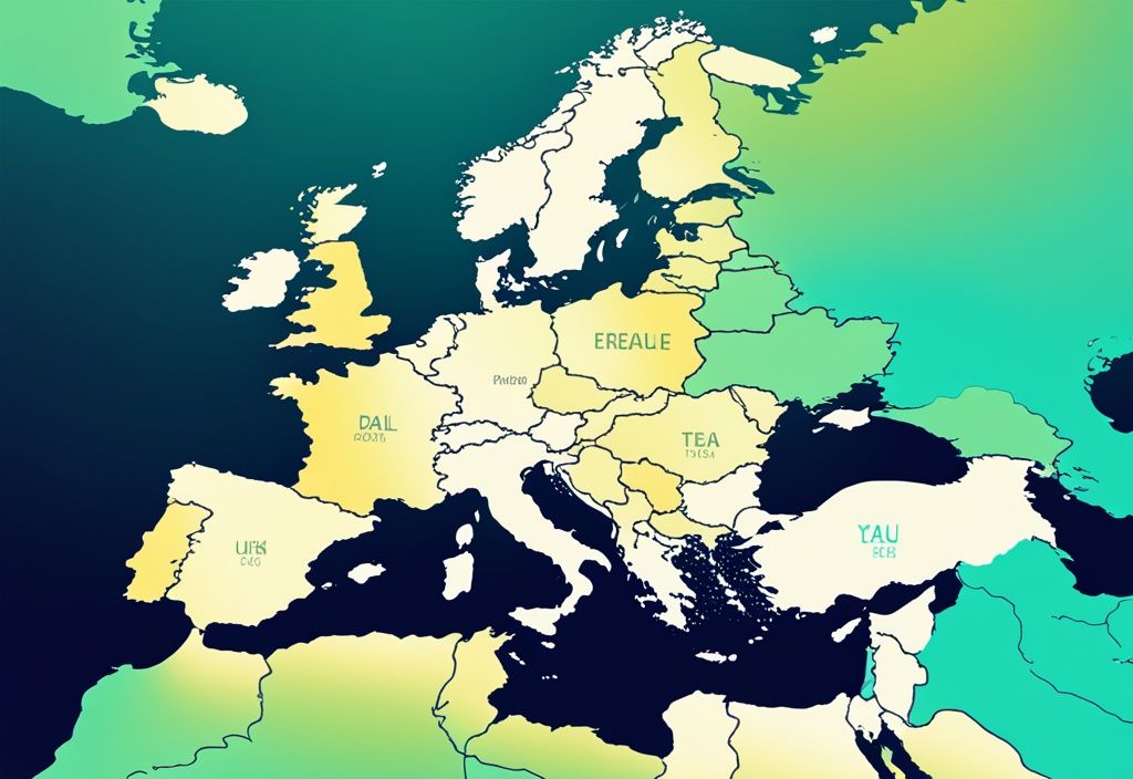 Digitale Illustration einer Europakarte, die den Anteil erneuerbarer Energien in verschiedenen Ländern farblich darstellt, Hauptfarbe Teal.