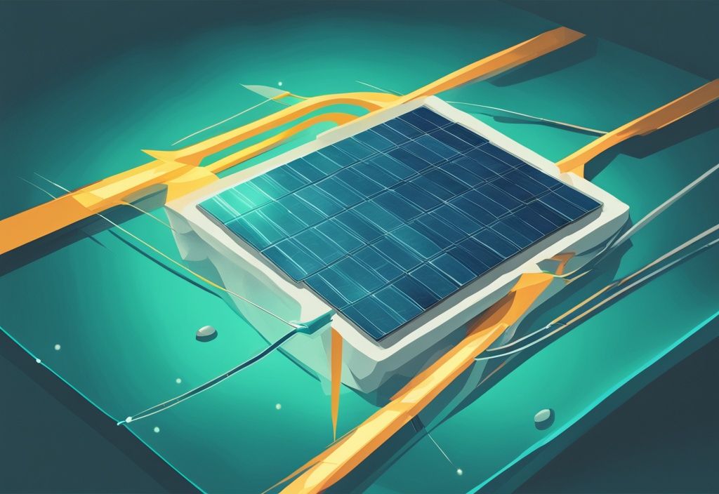 Moderne digitale Illustration eines Photovoltaikzellen-Diagramms mit Pfeilen zur Darstellung des Sonnenlichtflusses und der Stromerzeugung, Hauptfarbe: Türkis, Schlüsselwort: wie funktioniert photovoltaik.