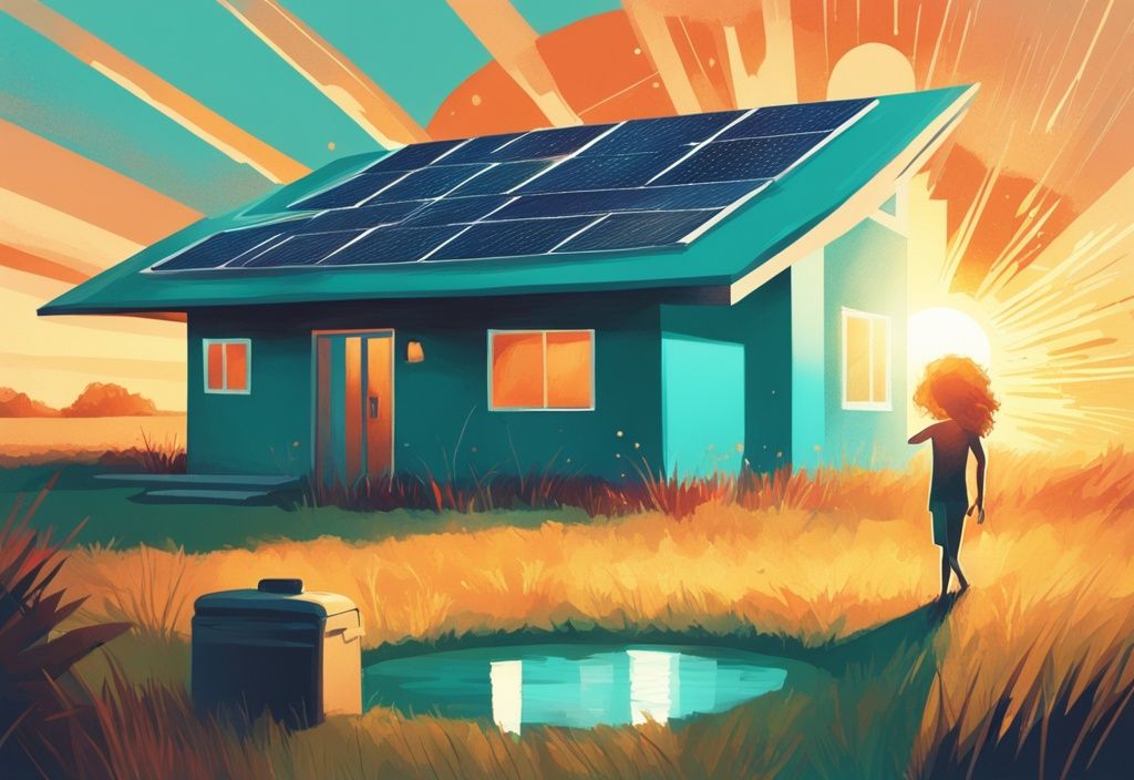 Moderne digitale Illustration in Türkis: Solarenergie Warmwasser, Solarpanel im offenen Feld mit Sonnenstrahlen, die zu einem Haus führen, in dem eine Person eine heiße Dusche genießt.