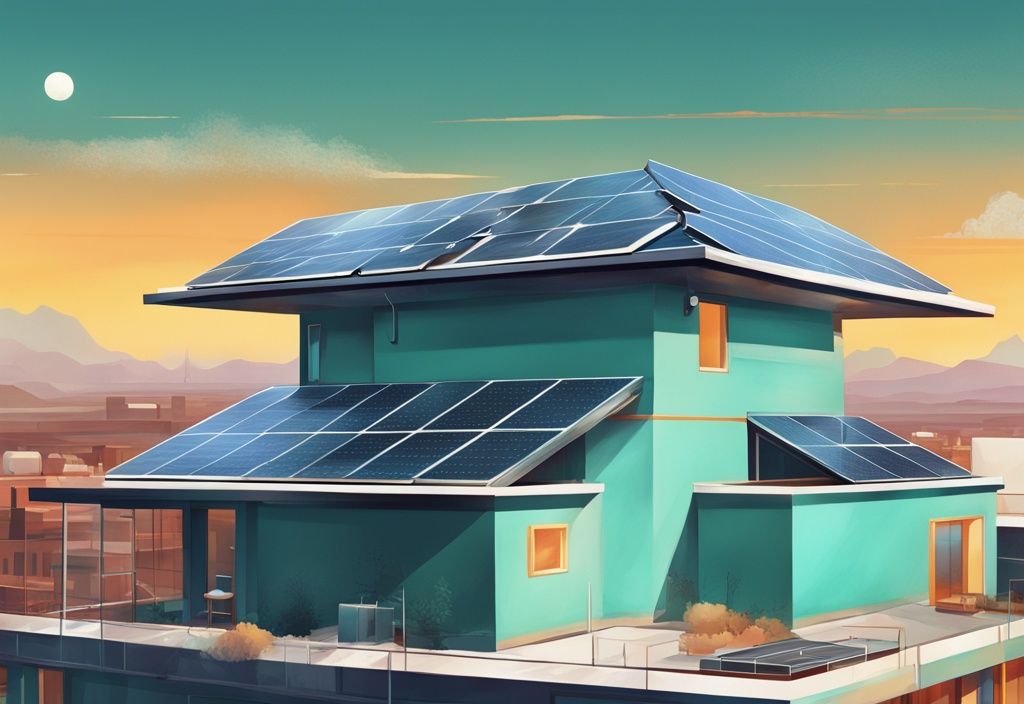 Moderne digitale Illustration mit Teal-Farbschema, zeigt ein Dach voller Solarmodule zur Energiegewinnung, kontrastierend zwischen Photovoltaik und Solarthermie; solarthermie oder photovoltaik.